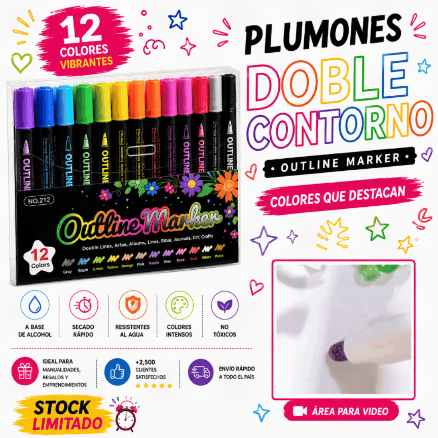 SET X 12 PLUMONES METÁLICOS DOBLE CONTORNO
